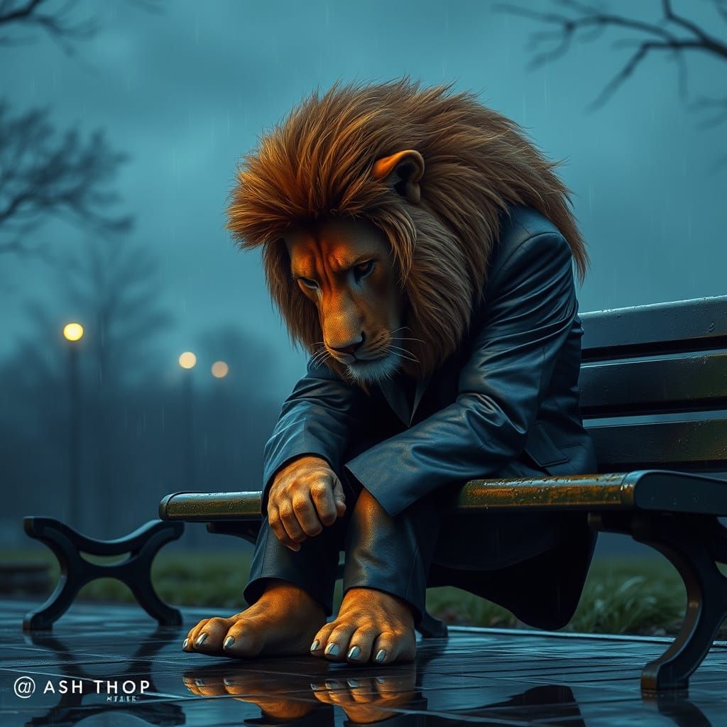 Lion in Suit on Bench, Cyberpunk Style