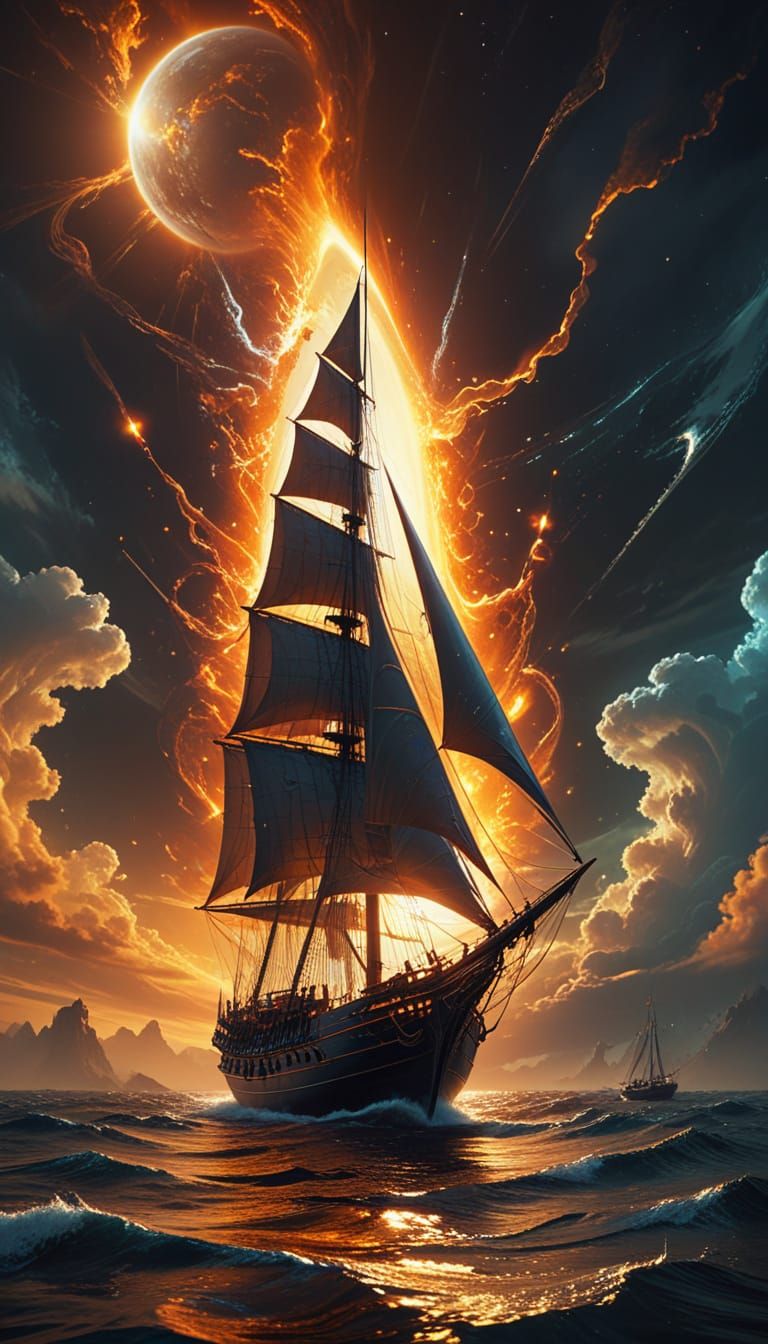 Retro Futuristic Solar Sailboat in Sun's Corona