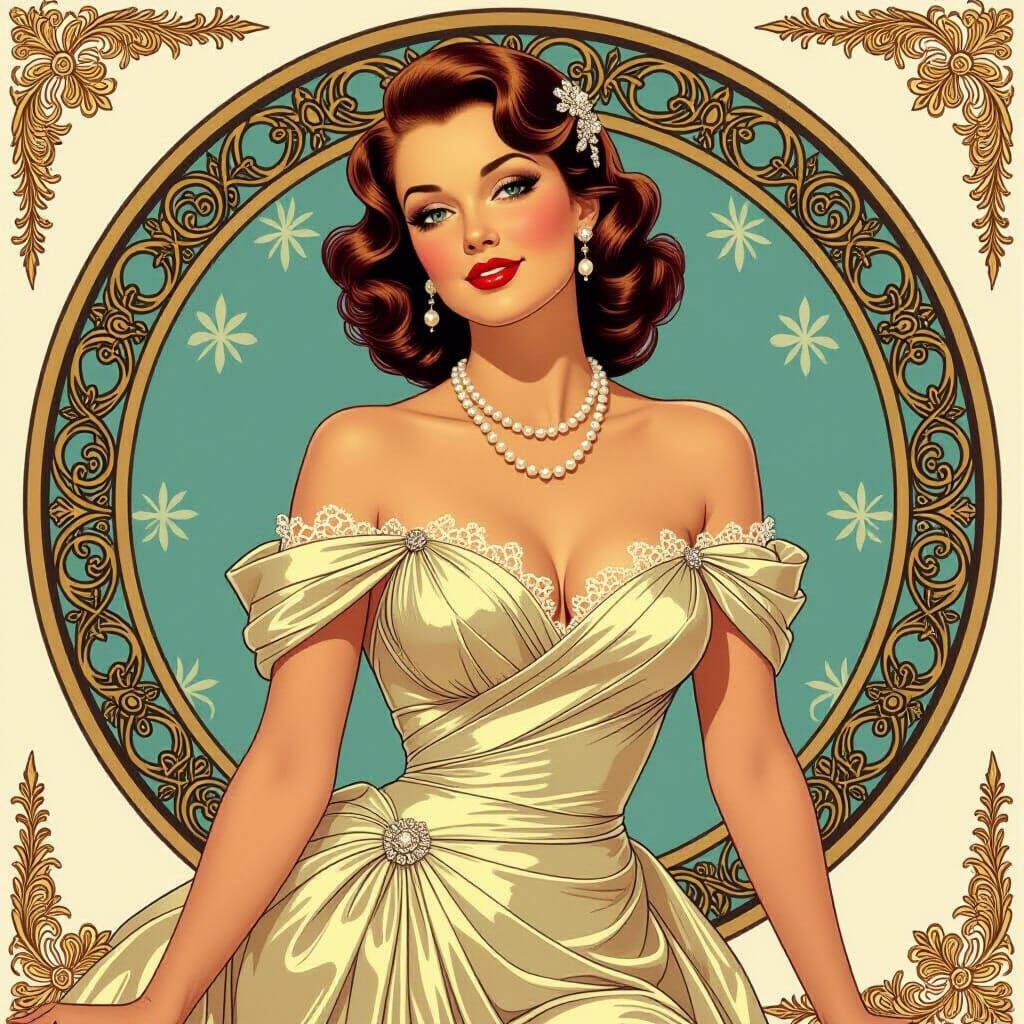 Pin-Up Model in Elegant Gown, Art Nouveau Style