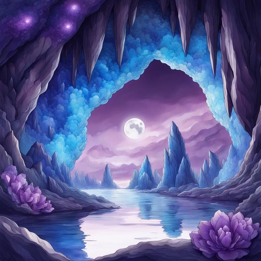 Enchanted Crystal Cave with Magical Flowers