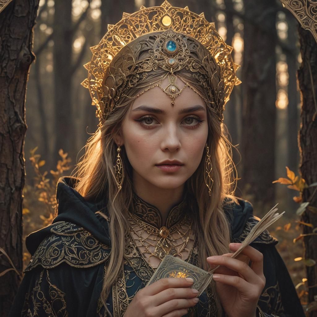 Mystical Woman with Tarot Card in Art Nouveau Style