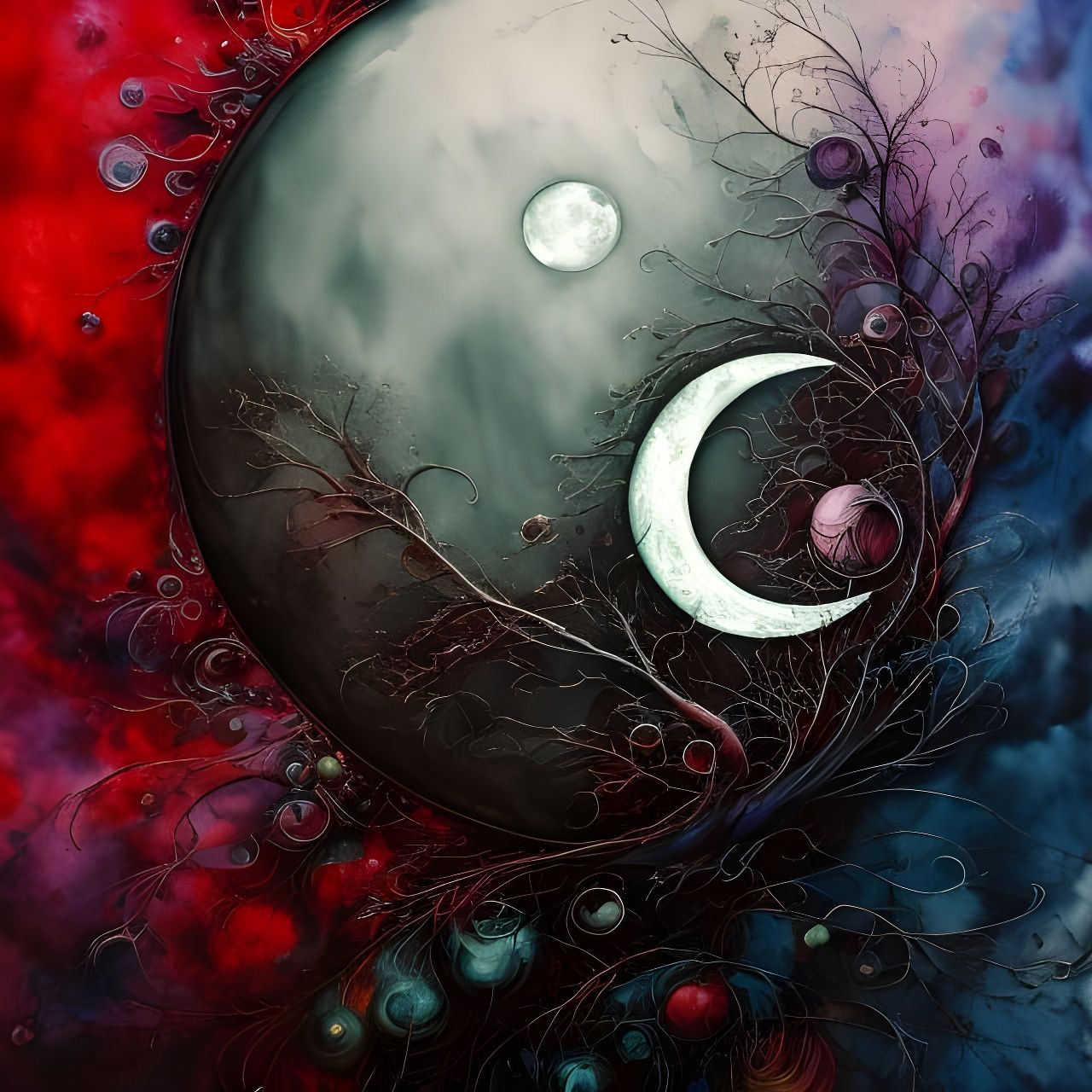 Colorful Moon in Gloomy Weather, Gouache and Acrylic