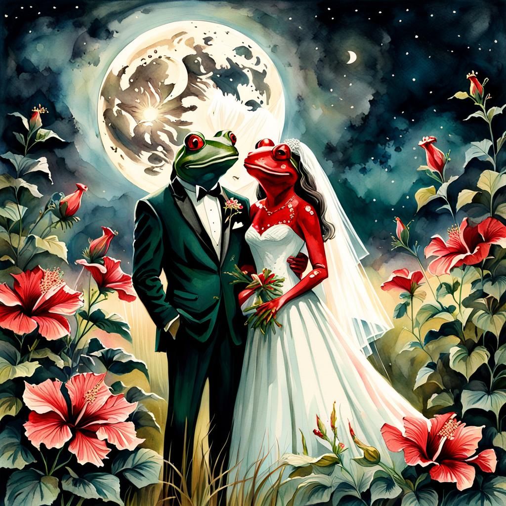 Frog Couple in Hibiscus Field, Watercolor Style