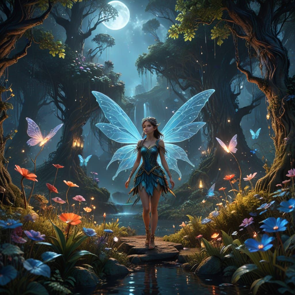Enchanted Moonlit Fairy in a Whimsical Fantasy Forest
