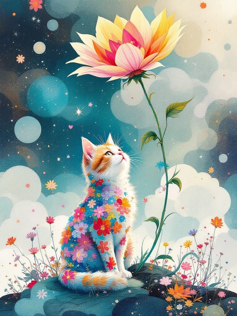 Cat Under Giant Flower in Anime Style