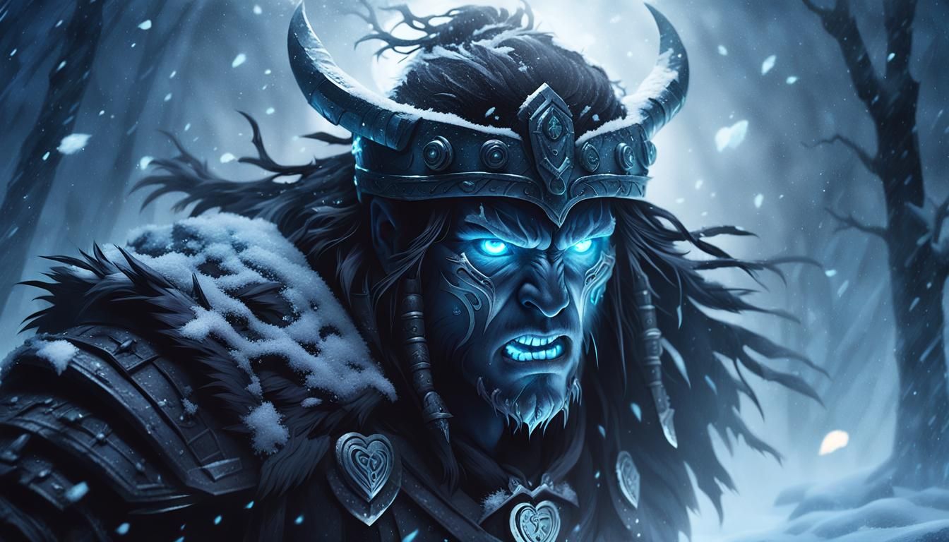 Warrior with Glowing Eyes in Dark Fantasy Landscape