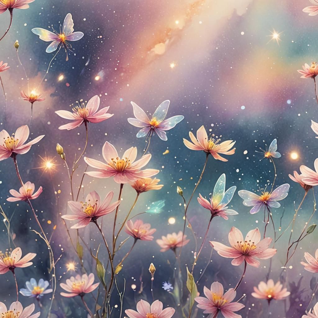 A watercolor illustration of tiny fairies sprinkling glowing stardust onto the earth, causing magical flowers to bloom. ...