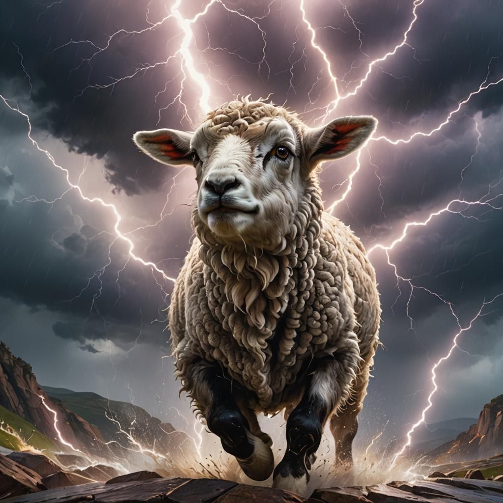 Lamb on Cliff in Lightning Storm