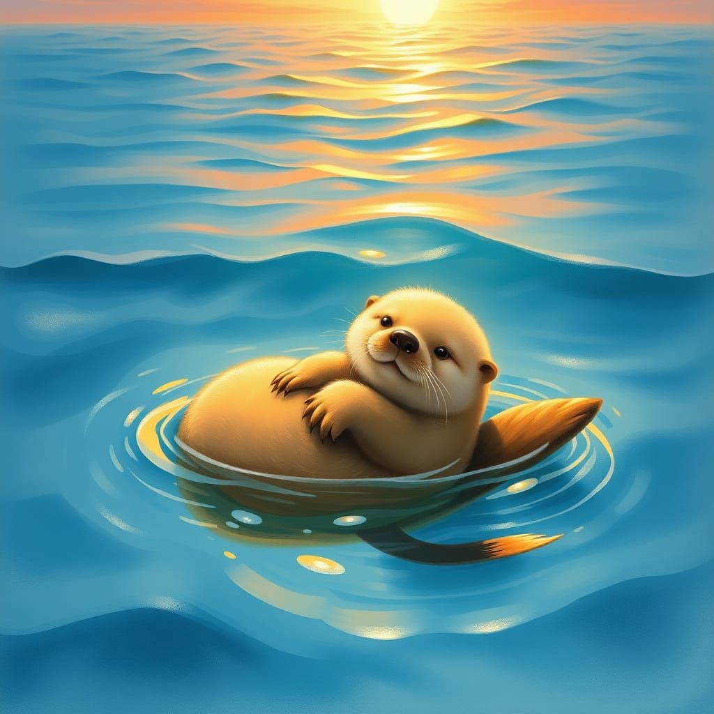 Whimsical Sea Otter in Sunset Glow