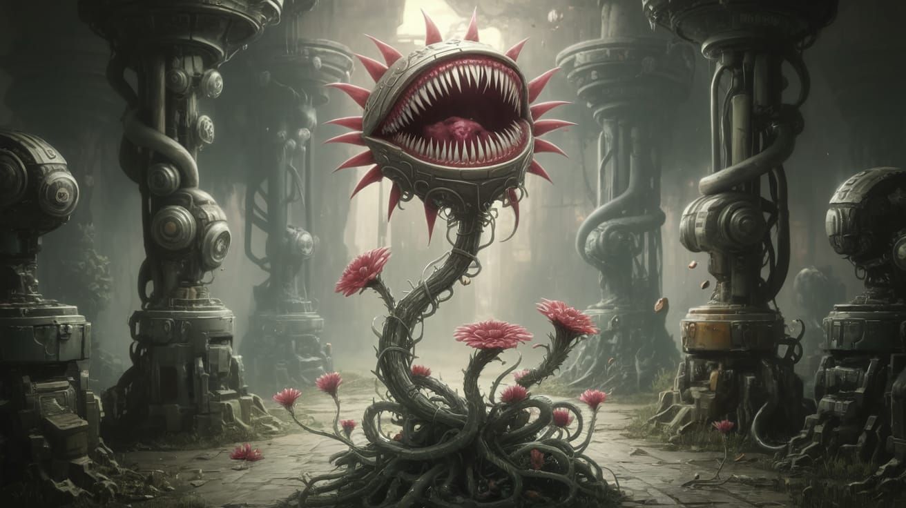 A carnivorous plant with metallic vines and razor-sharp peta...