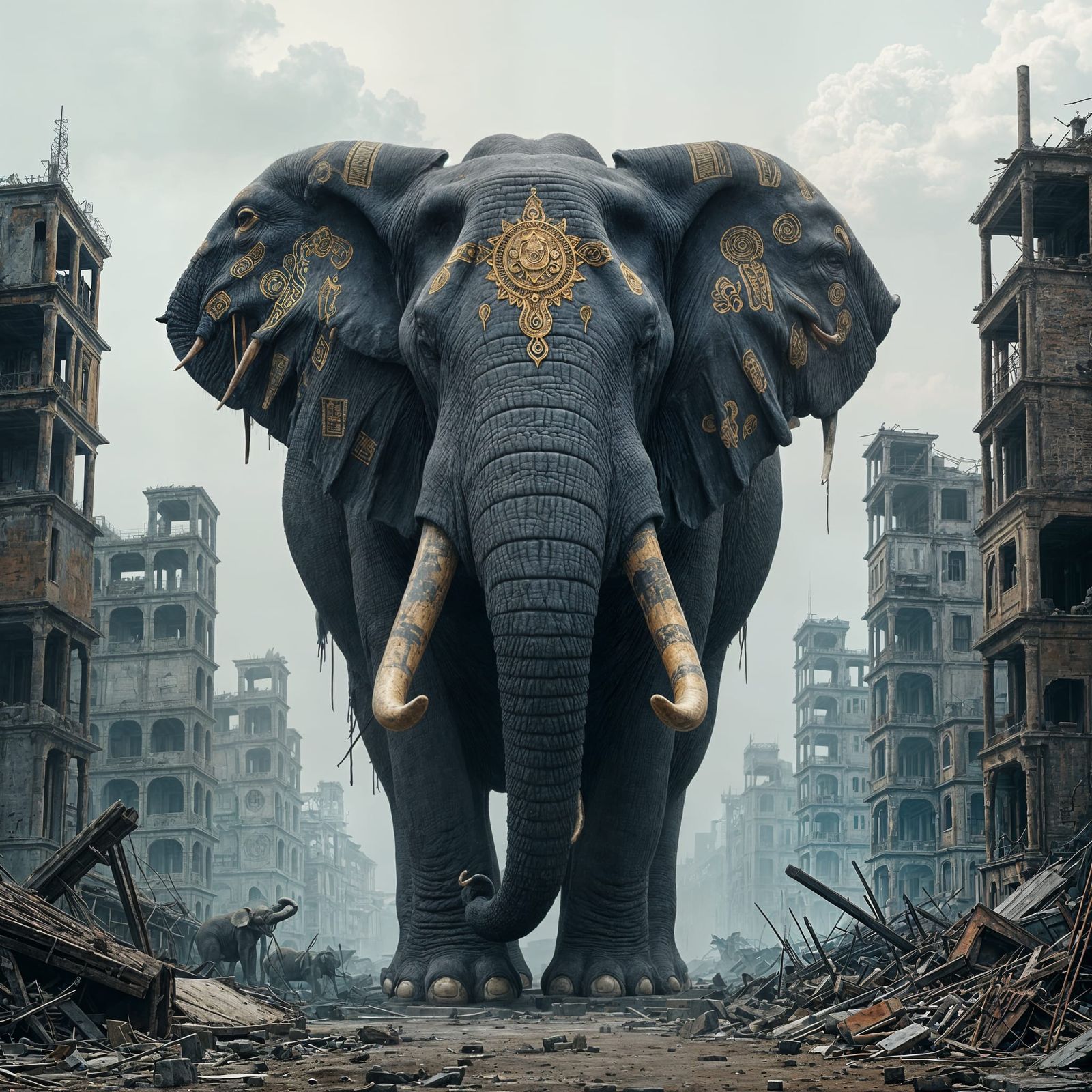 Ancient Elephant in Ruined Metropolis, Surreal Digital Paint...