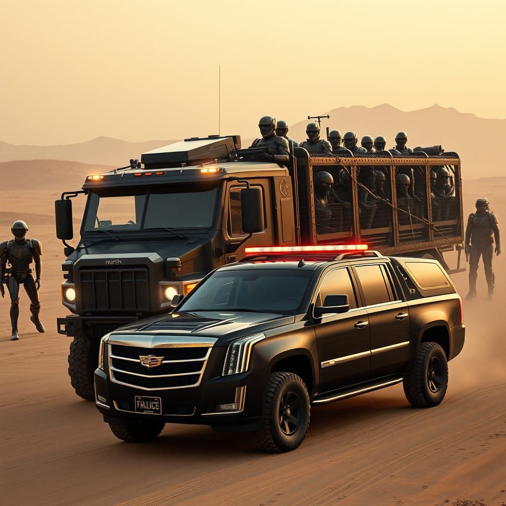 Cyborg Prisoners in Metallic Black Military Truck, Post-Apoc...