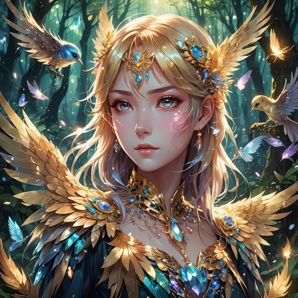 Jewel Birds in Mystical Forest: Anime Illustration