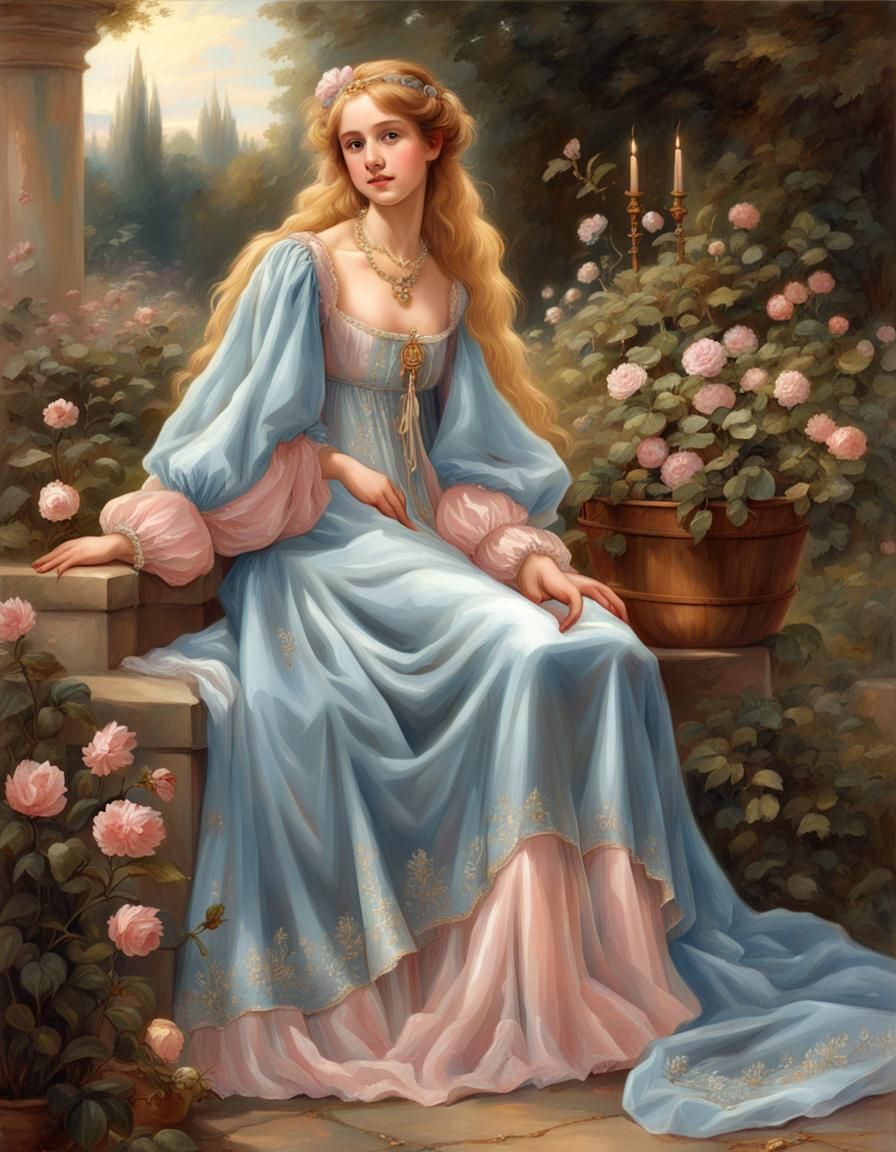 Renaissance Girl with Golden Hair in Garden Portrait