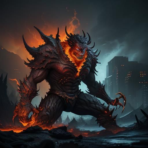 Infernal Colossus in a Smoldering Cityscape