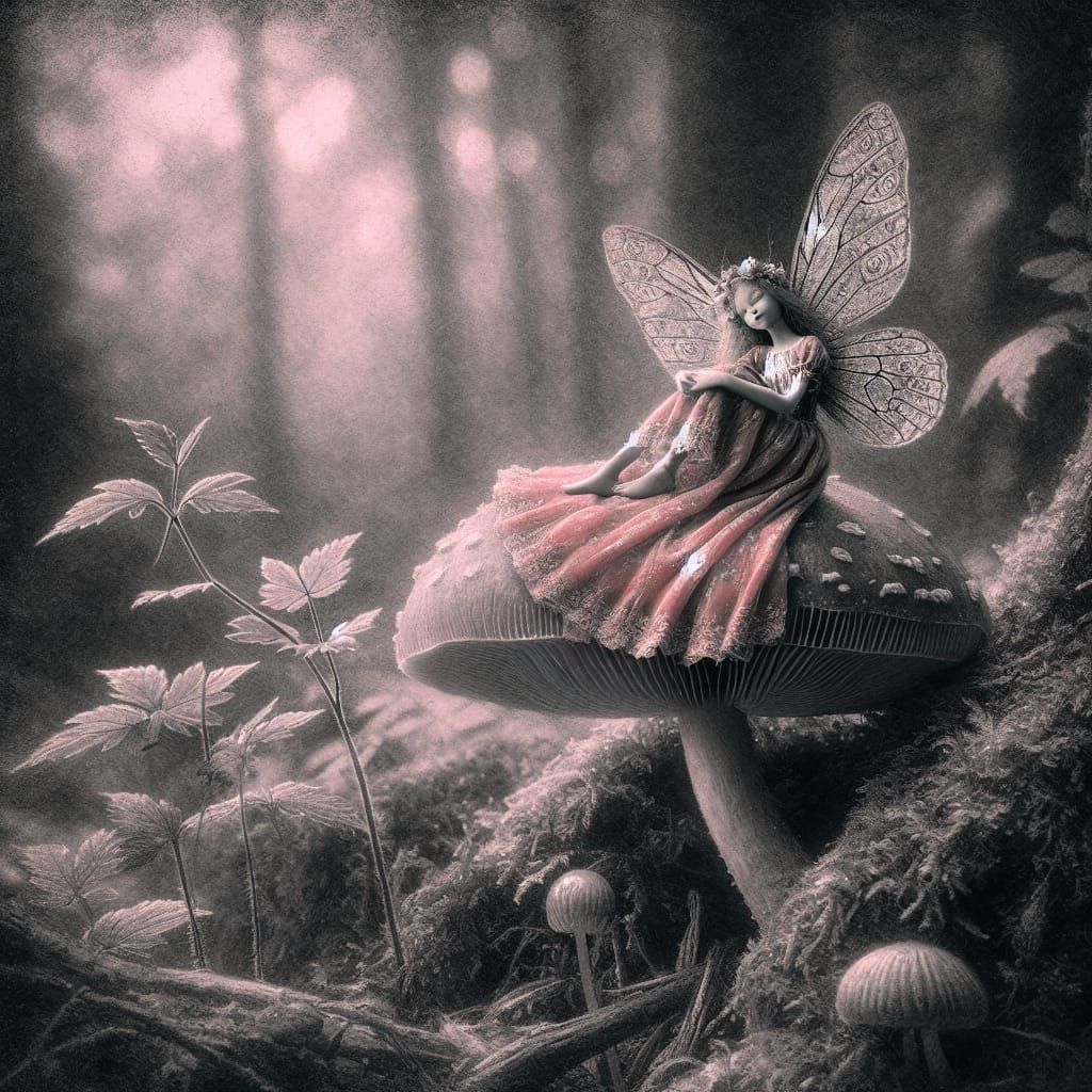 Whimsical Fairy in Forest Mushroom, Reminiscent of Vintage C...