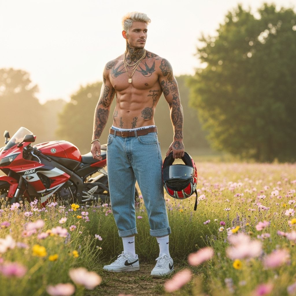 Muscular Model in Flower Meadow at Dawn