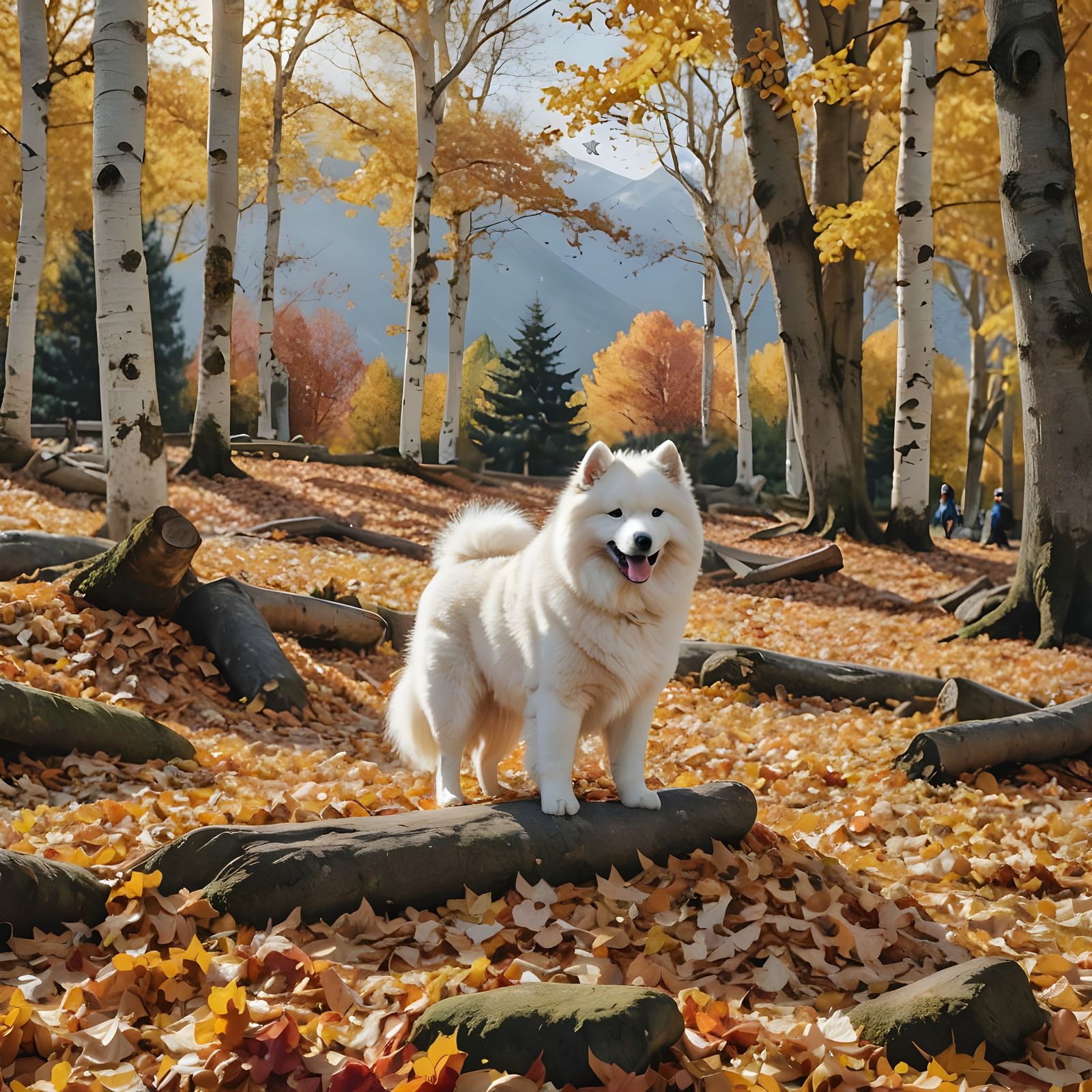 Samoyed Dog in Autumn Leaves
