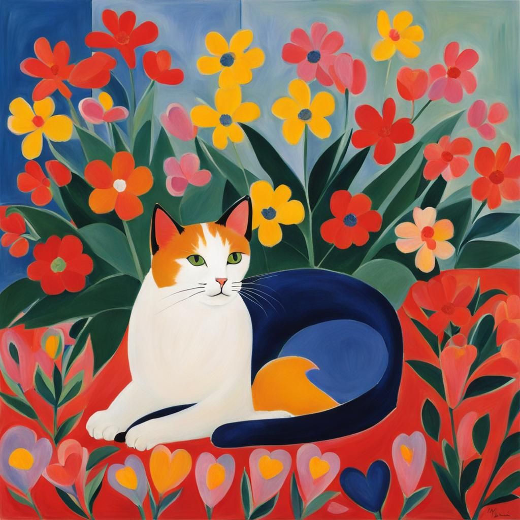 Cute Cat Surrounded by Flowers in Fauvist Style