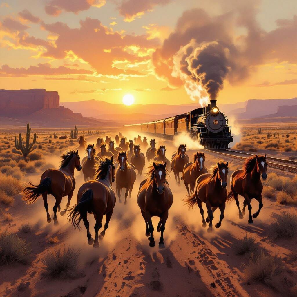 Wild Horses Gallop Towards Train in Golden Desert Sunset