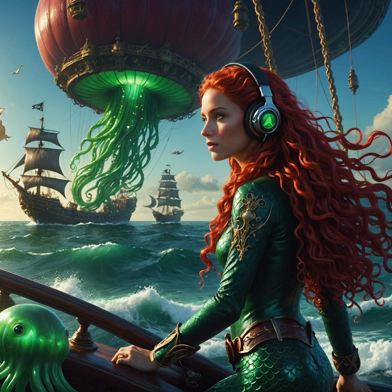 Mermaid Rides Jellyfish, Pirate Ship in Distance