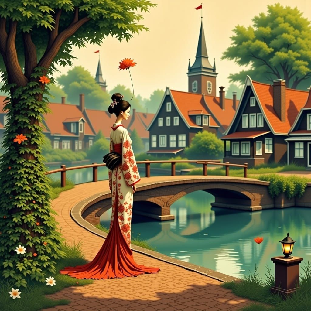 1920s Actress on Vine Bridge in Ukiyo-e Style