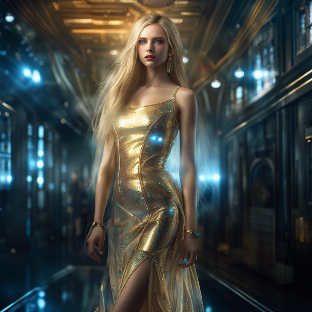 Beautiful Blonde in Gold Dress, Cyberpunk Style