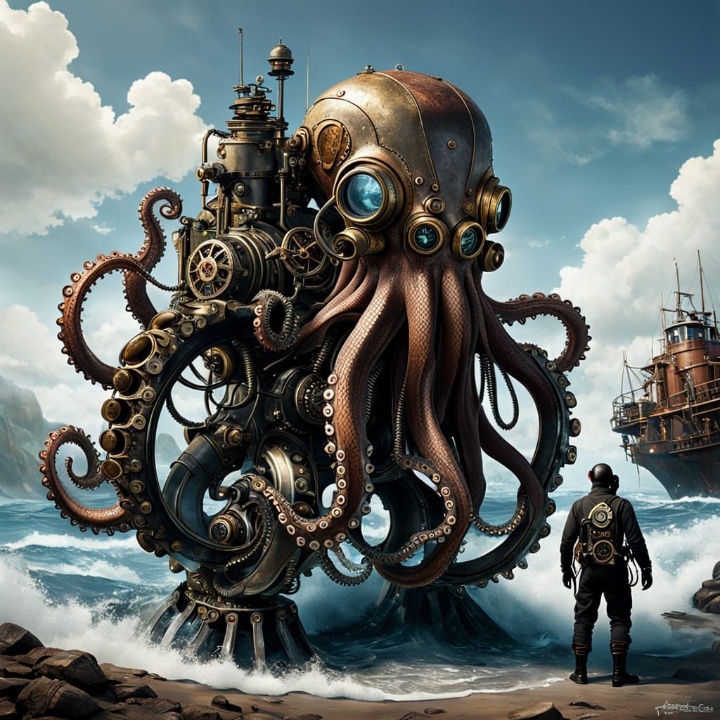 Steampunk Octopus Catches Diver in Intricate Engine