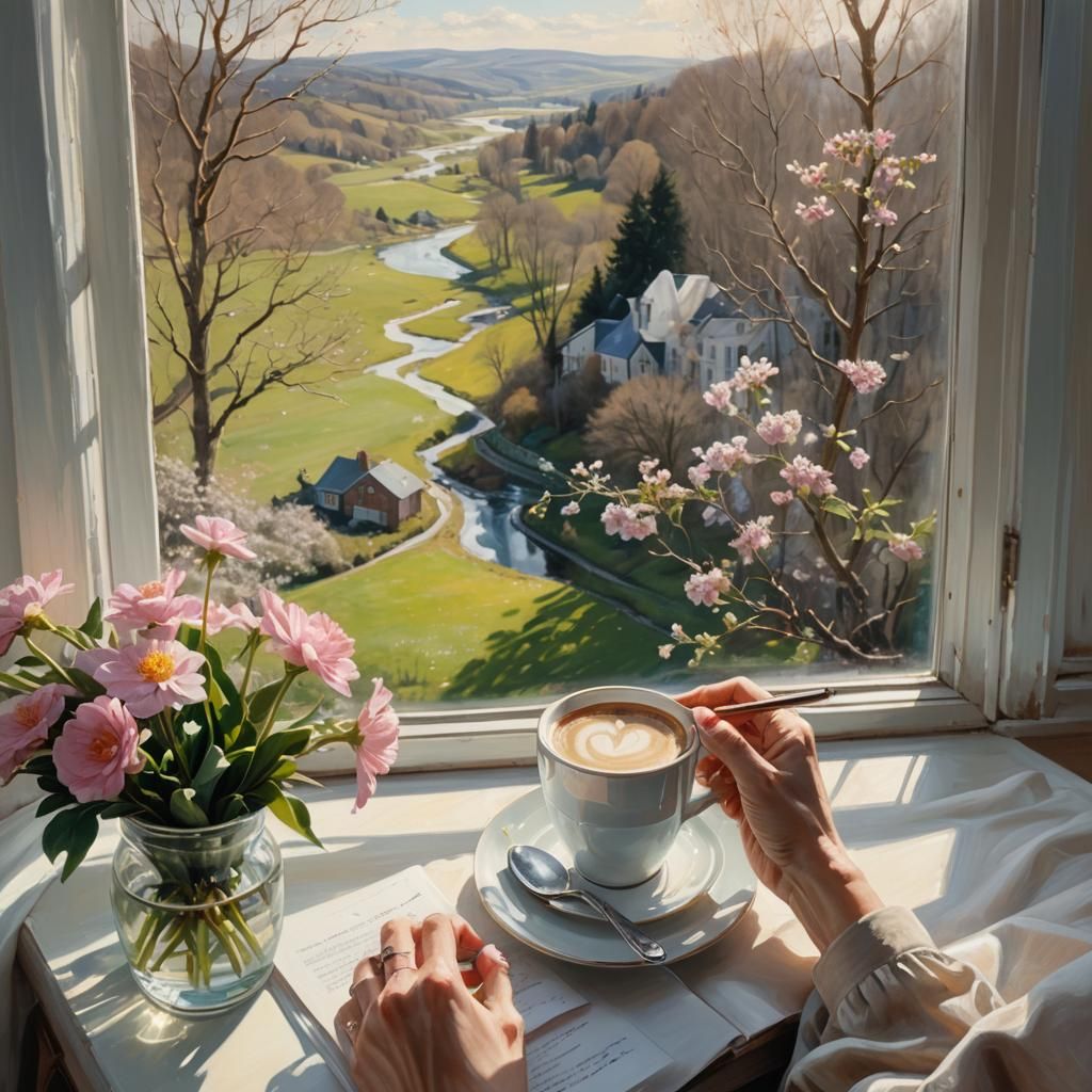 Hyperrealistic Coffee Still Life with Spring View