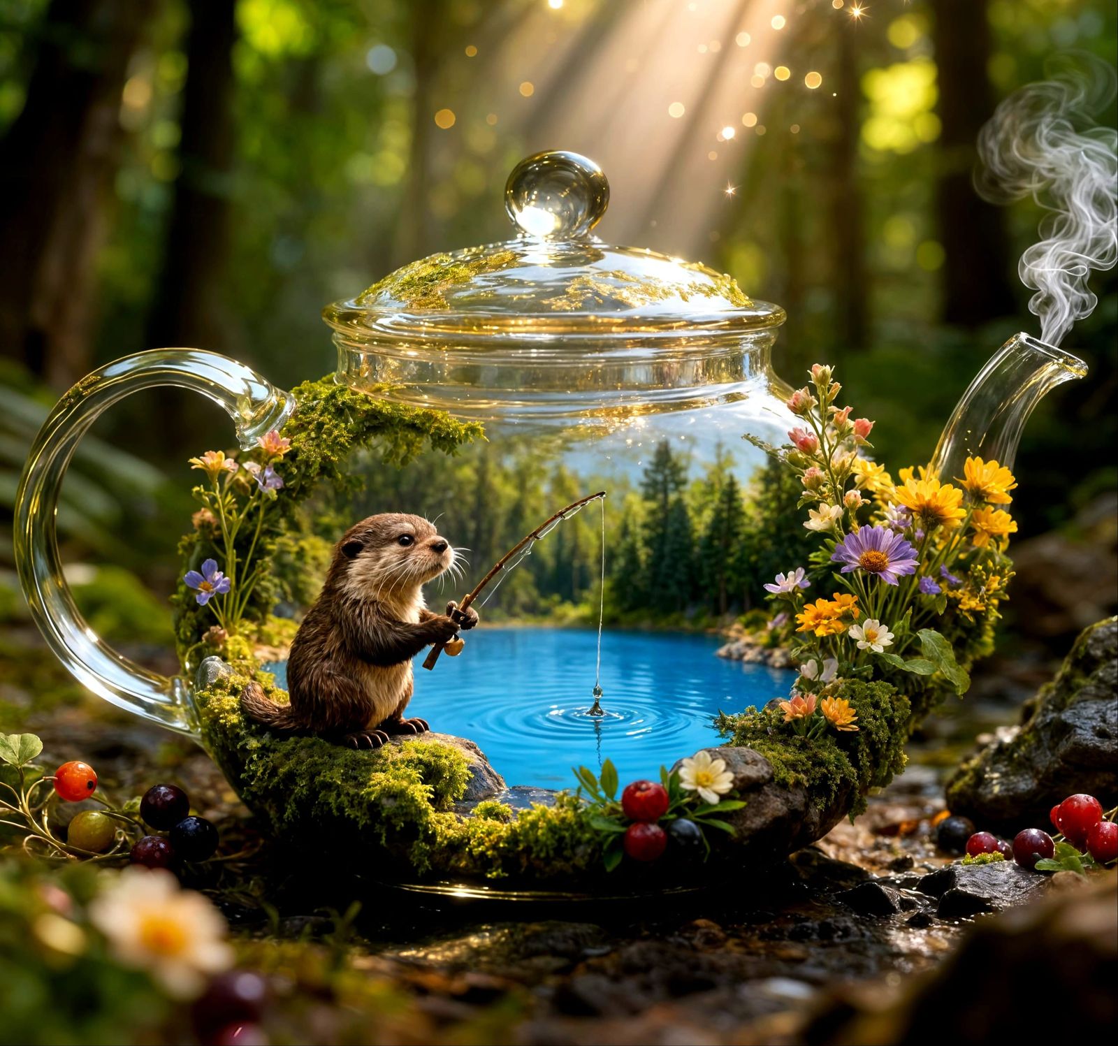 Cute Otter Fisherman in a Teapot Landscape