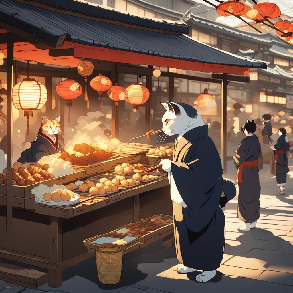 Cat Eats Takoyaki: Ukiyo-e Anime Art