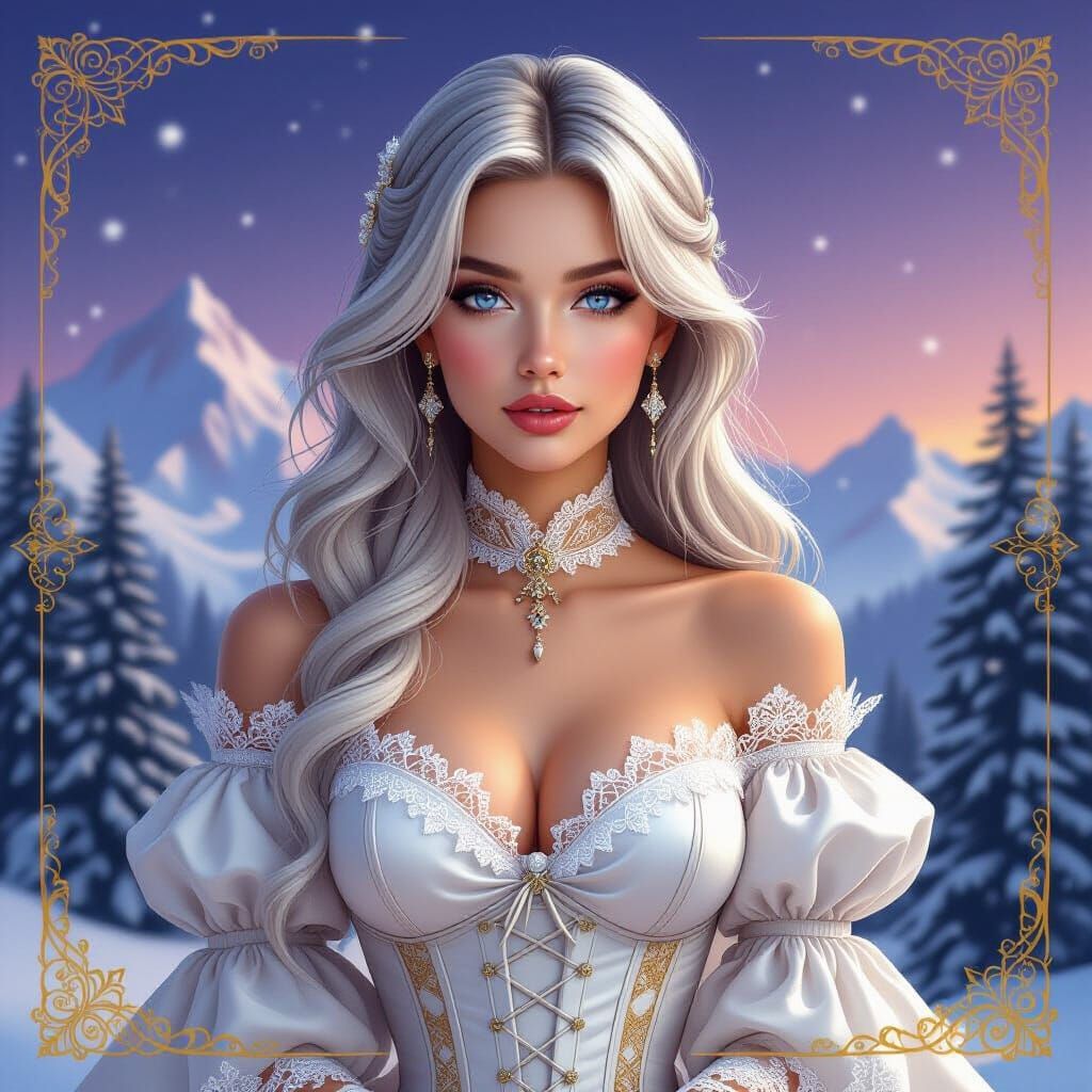 Woman's Portrait in Elaborate Lace & Golden Lines