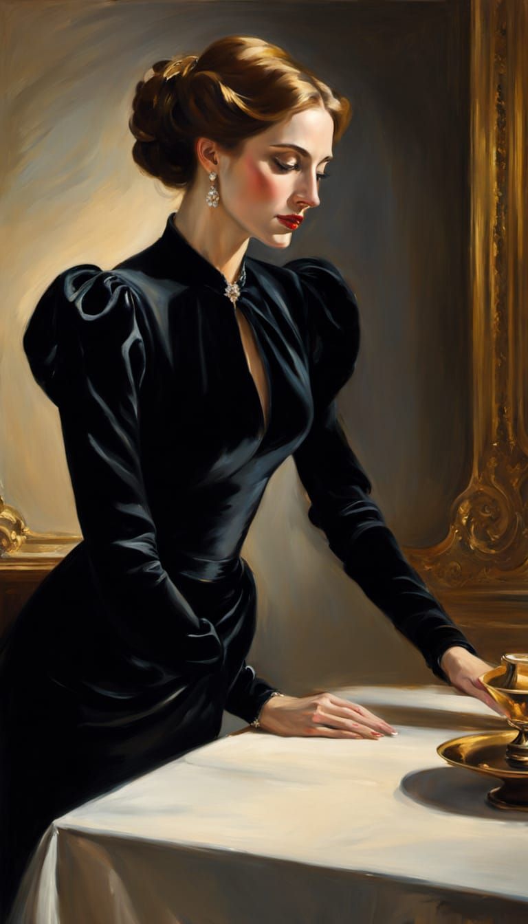 Elegant Lady in Black Velvet as Oil Painting