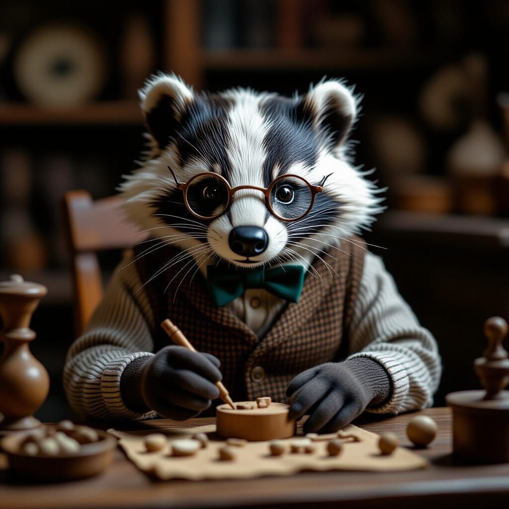 Elderly Badger Crafts Miniatures in Cinematic Film Style
