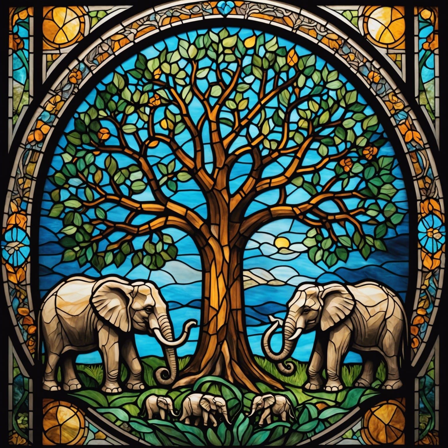 Stained Glass Tree of Life with Elephants