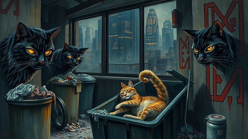 Menacing Cats in Dystopian Alley, Impasto Painting