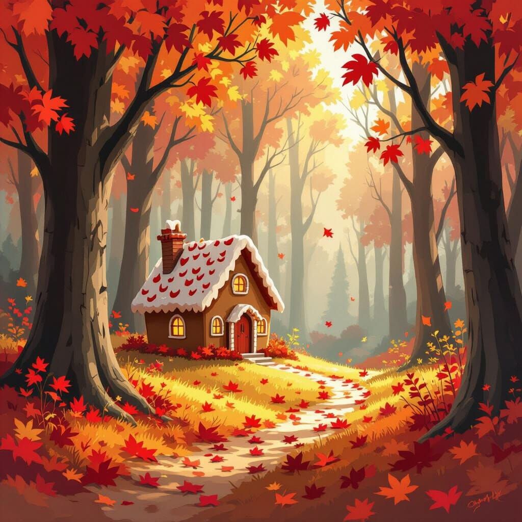 Whimsical Forest House in Autumn Storybook Style