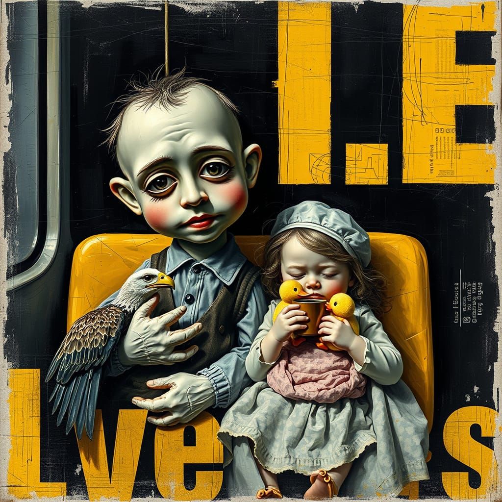 Vintage Puppet Baby with Eagle, Impasto Style