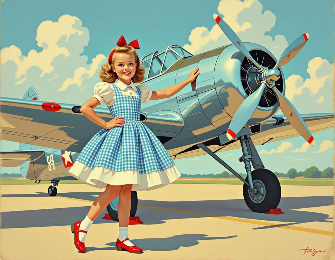 Girl with Vintage Airplane in Nostalgic Hollywood Style