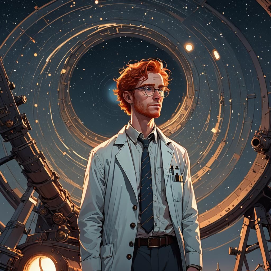 Red-Haired Scientist with Telescope Concept Art