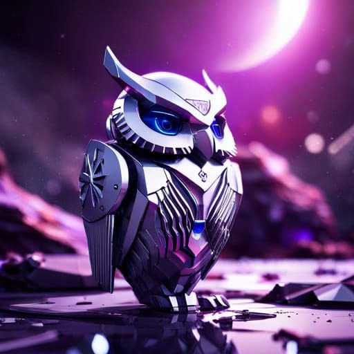 Detailed Mechanical Owl on Glitter Floor in Sci-Fi Style