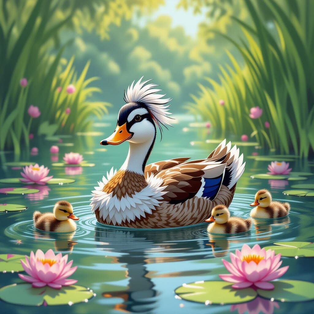Duck Family in Pond: Hyper-Realistic Comic Book Art