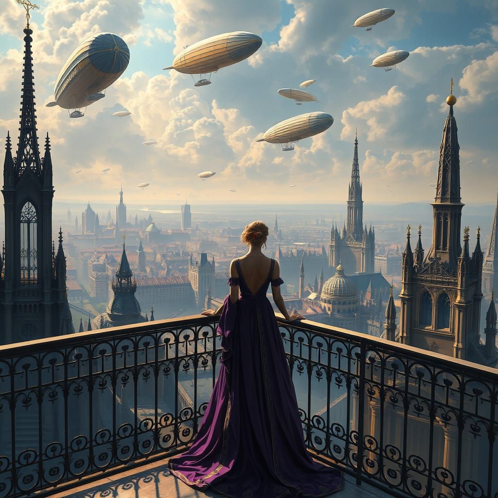 Art Nouveau Woman Gazing at Zeppelin City
