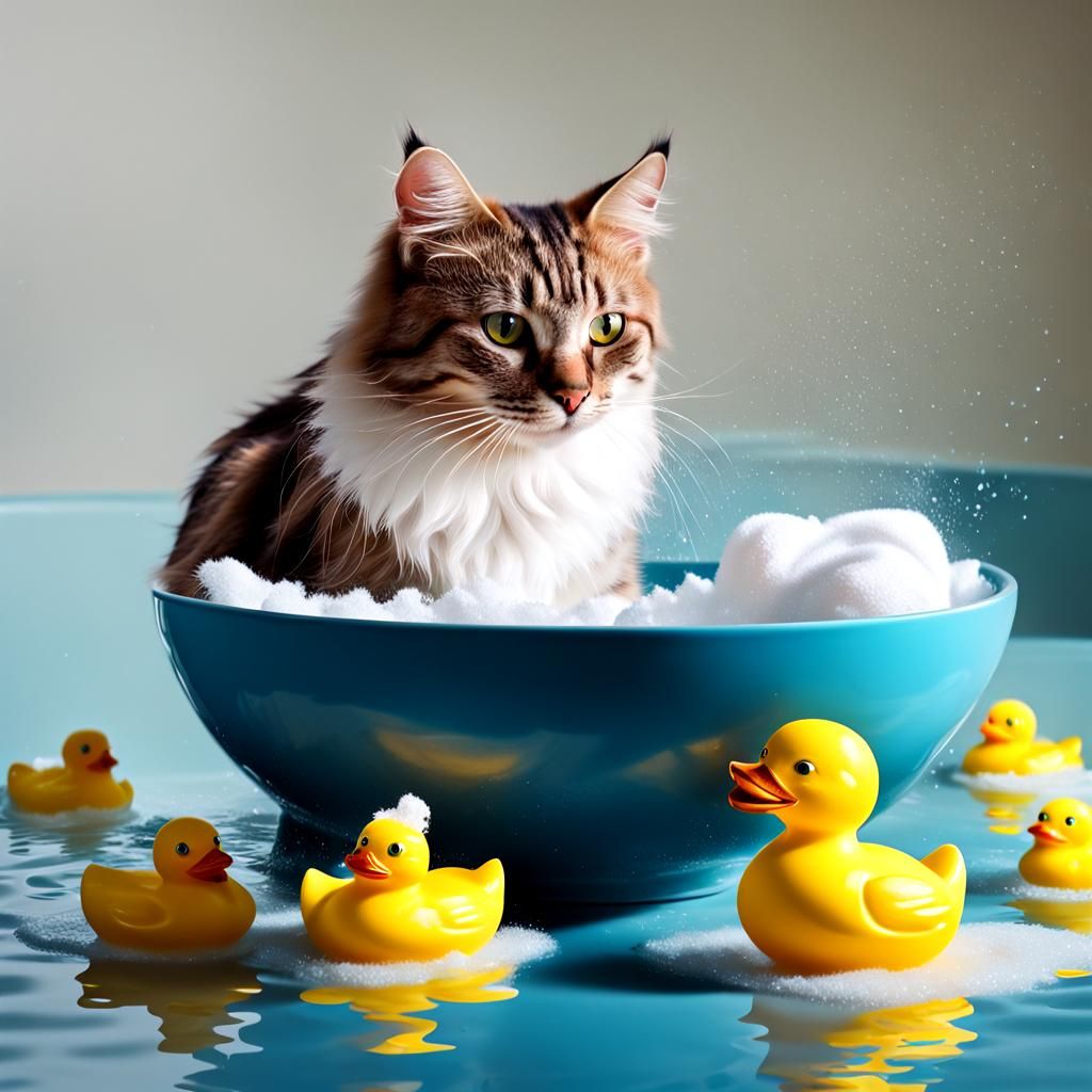 Fluffy Cat Dries Itself After Bath in Surreal Scene