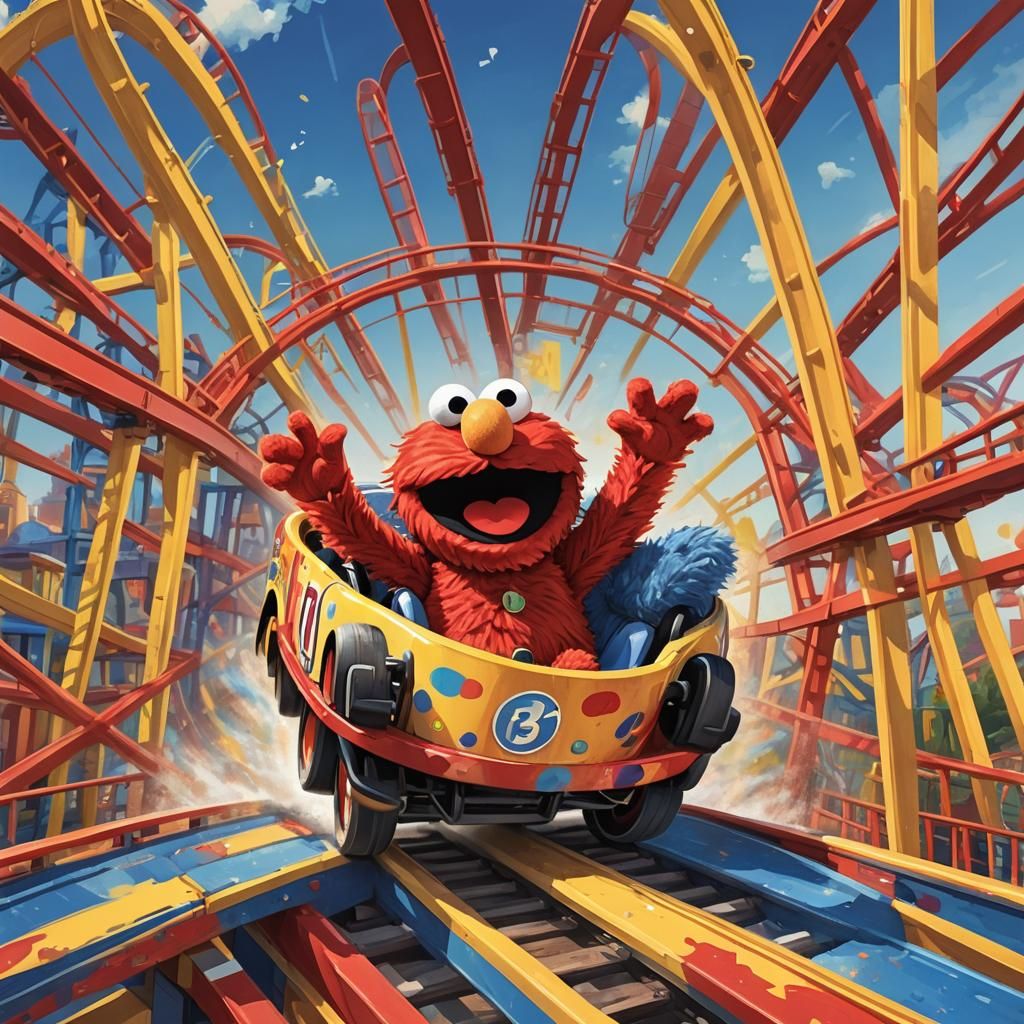 Elmo's Joyful Roller Coaster Ride: Cartoon Illustration
