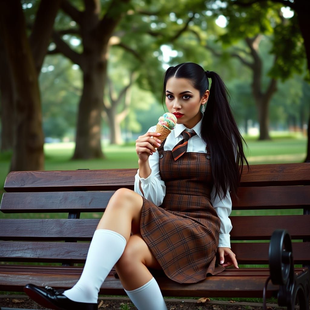 Latina Woman Savoring Ice Cream in a Lush Park