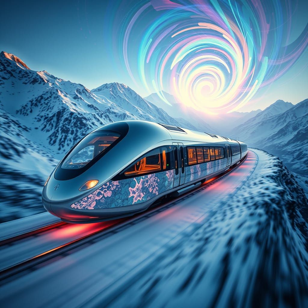 Luxurious Futuristic Train Speeds Through Snow-Capped Mounta...