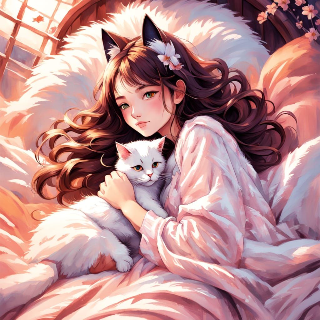 Whimsical Anime-Inspired Scene of Girl with Cat Ears and Kit...