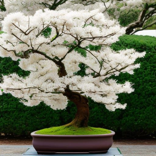 White Blossom Bonsai Tree in Asian Garden