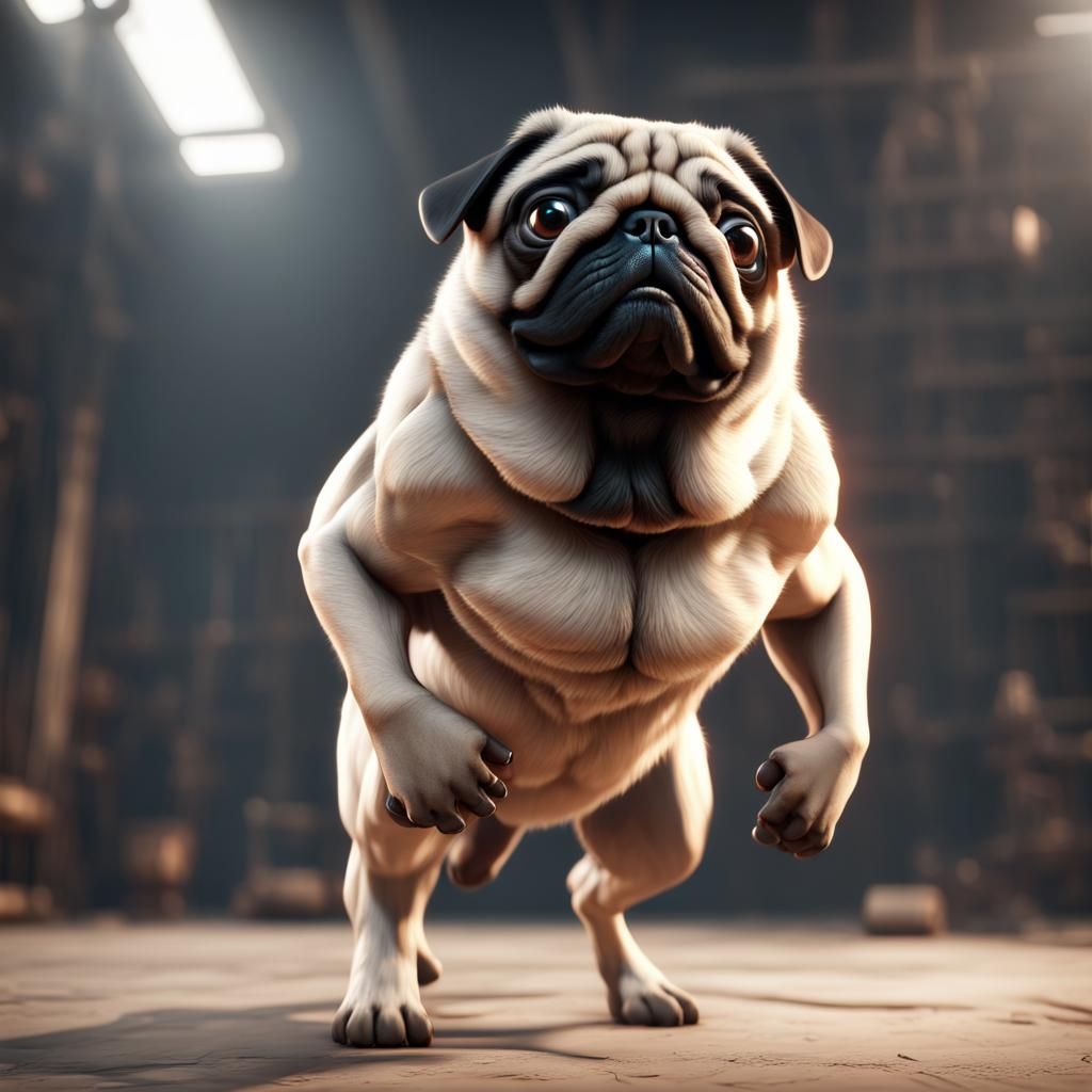 Muscular Pug Flexing: 3D Game Cinematic Graphics